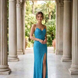 Y2K Blue Beaded Peacock SEA GLASS blue TURQUOISE Mermaid Prom Dress Waist M - L